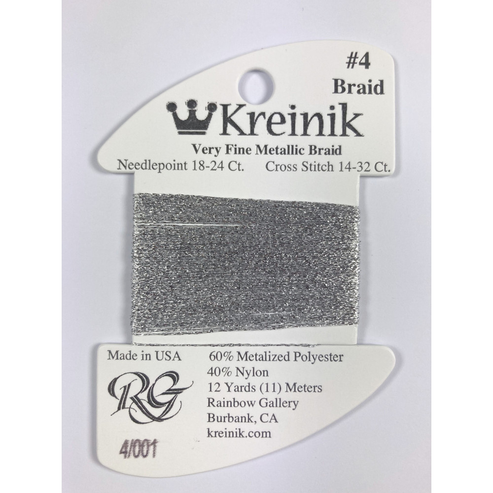 001 Silver, Kreinik Very Fine №4 Braid