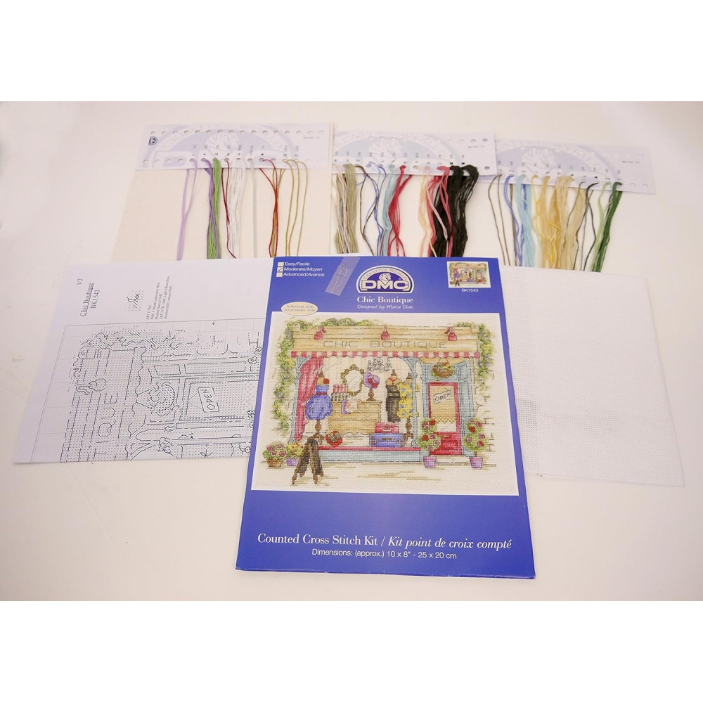 Counted Cross Stitch Kit Chic Boutique by DMC – Vintage Shop Scene with Pearlescent 14ct Aida, 10″×8″, BK1543