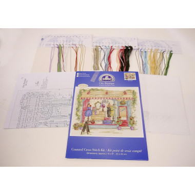 Counted Cross Stitch Kit Chic Boutique by DMC – Vintage Shop Scene with Pearlescent 14ct Aida, 10″×8″, BK1543