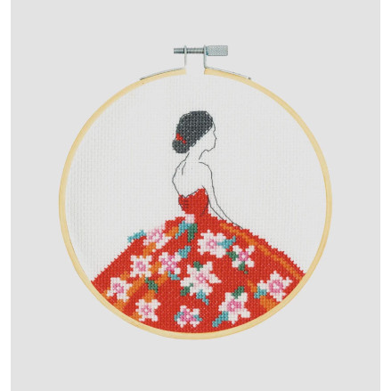 Cross Stitch Kit Carmen by DMC – Elegant Spanish Dancer with Wooden Hoop, 14ct Aida, 5.9″ Round, BK1915