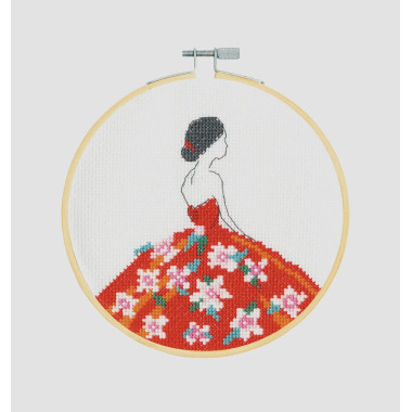 Cross Stitch Kit Carmen by DMC – Elegant Spanish Dancer with Wooden Hoop, 14ct Aida, 5.9″ Round, BK1915