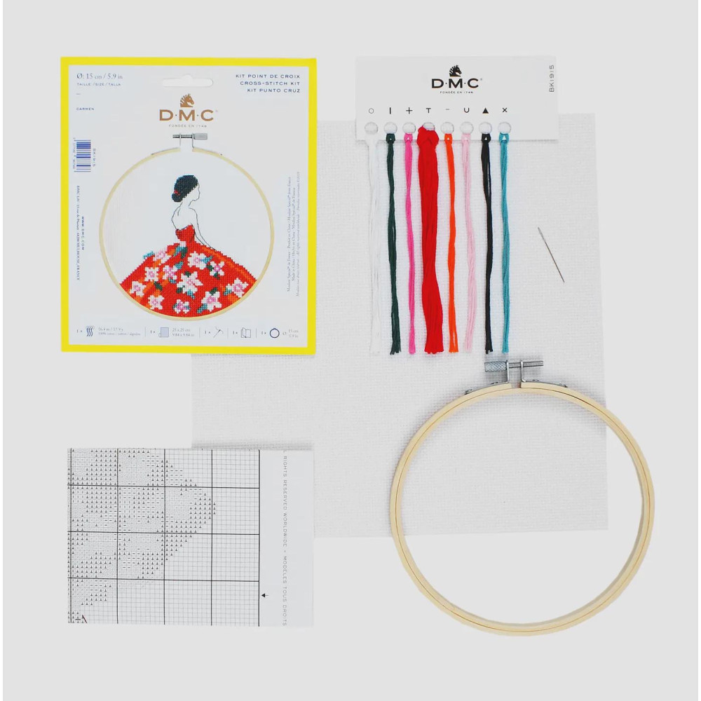 Cross Stitch Kit Carmen by DMC – Elegant Spanish Dancer with Wooden Hoop, 14ct Aida, 5.9″ Round, BK1915