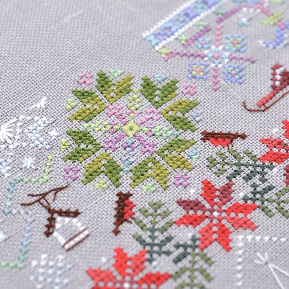 Counted Cross Stitch Winter Symphony sampler Tela-Artis X-025, Evenweave Fabric, hand-dyed DMC