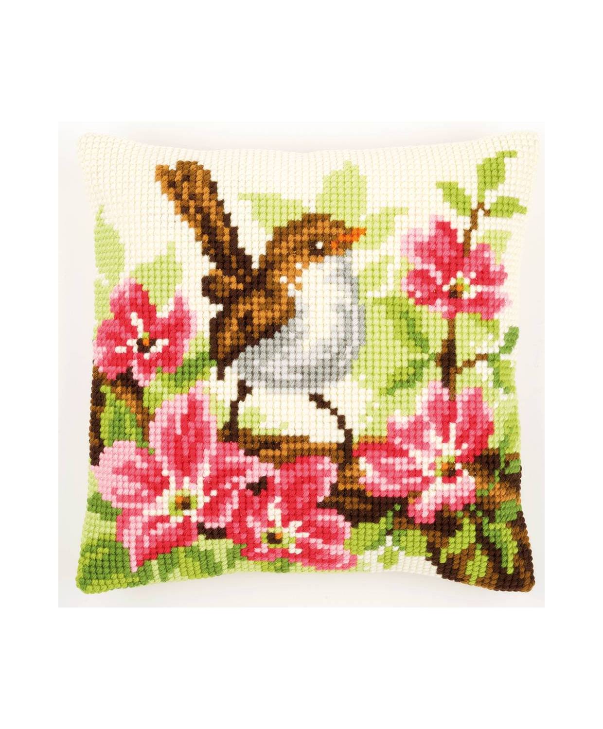 Pillow Embroidery Kit Little bird and pink flowers, Vervaco PN-0148693