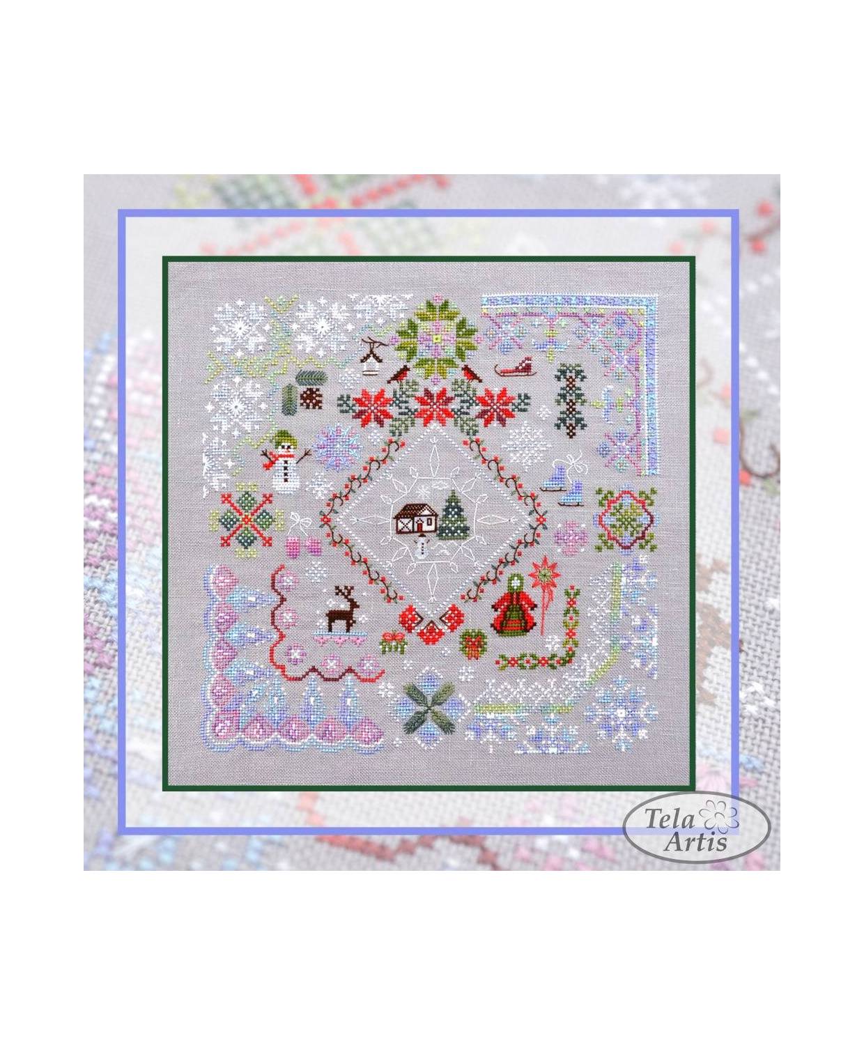 Counted Cross Stitch Winter Symphony sampler Tela-Artis X-025, Evenweave Fabric, hand-dyed DMC muslin, melange