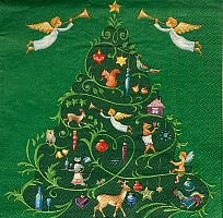 Салфетка 33*33 см Рождественское дерево и ангелы на зеленом, Butlers